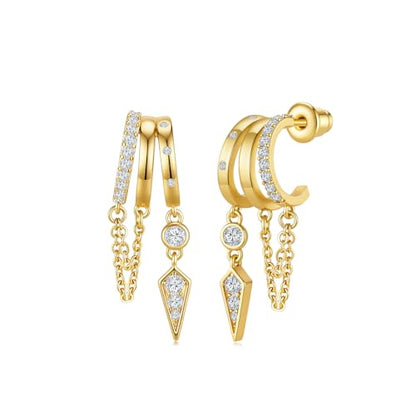 Cicy Bell Gold Earrings For Women 18k Gold Plated Triple Dangle Earrings | Hypoallergenic Drop Huggie Earrings Small Hoop Statement Chain Tassel Earrings Trendy Jewelry Gifts - color: Style C-Gold