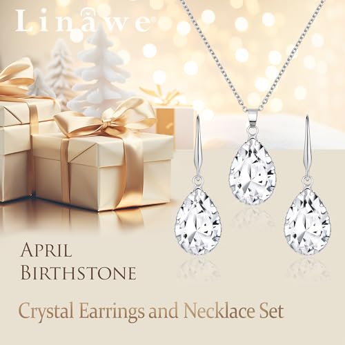 Linawe Crystal Jewelry Sets for Women, Imitation Diamond Pendant Necklace, Rhinestone Drop Dangle Earrings, Birthstone Cubic Zirconia Matching Wedding Jewelry, 14K Gold/Rose Gold/Silver Tones - color: Silver,Crystal,April