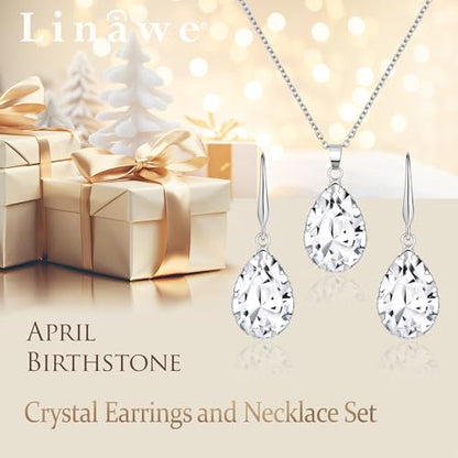 Linawe Crystal Jewelry Sets for Women, Imitation Diamond Pendant Necklace, Rhinestone Drop Dangle Earrings, Birthstone Cubic Zirconia Matching Wedding Jewelry, 14K Gold/Rose Gold/Silver Tones - color: Silver,Crystal,April