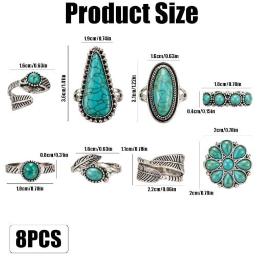 8 Pcs Bohemian Turquoise Ring for Women Western Open Vintage, Retro Ethnic Style Stackable Silver Boho Gemstone Knuckle Midi Chunky Dainty Statement Ring Set Jewelry Accessories