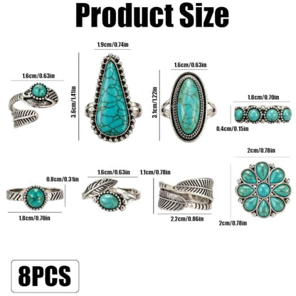 8 Pcs Bohemian Turquoise Ring for Women Western Open Vintage, Retro Ethnic Style Stackable Silver Boho Gemstone Knuckle Midi Chunky Dainty Statement Ring Set Jewelry Accessories