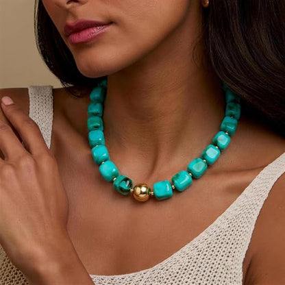 VIBILIA Boho Beaded Chunky Statement Necklace for Women Y2K Summer Jewelry | Boho Handmade Large Resin Bead Strand, Trendy Statement Summer Vacation Holiday Jewelry - color: Square-Turquoise