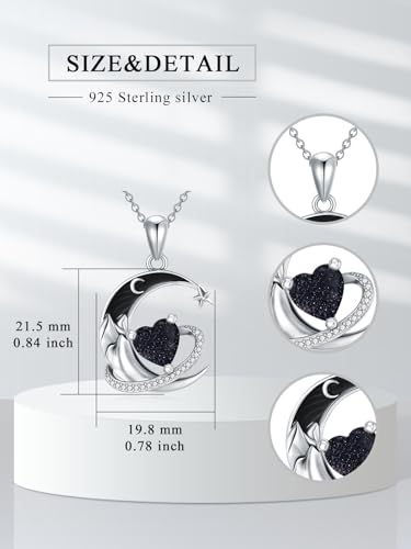I Love You to the Moon and Back Necklace 925 Sterling Silver Black Crescent Moon Star Pendant with Heart Birthstone Necklace Anniversary Gothic Jewelry Gifts for Women Wife Lovers - color: 13-Blue sandstone