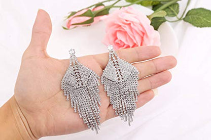 Silver Rhinestone Crystal Bridal Chandelier Long Tassels Dangle Earrings for Wedding - color: A-3