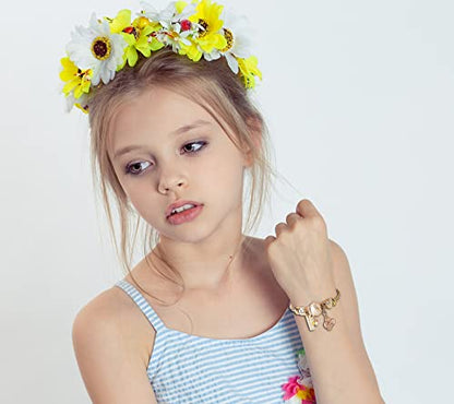 DS Charm Bracelets for girls,exquisite cute cartoon gold friendship bracelets Stainless Steel Bangle with birthday Gift box, Adjustable girls jewelry Suitable for holiday gifts - style: Gold-flower