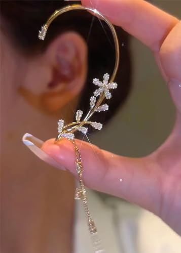 BETHYNAS Glitter Rhinestone Butterfly Flower Ear Cuff Sparkly Non-Pierced Crystal Tassel Fake Earrings Climber Lady Ear Wrap Bridal Party Ear Jewelry for Women and Girls - color: Gold Tassel Leaf