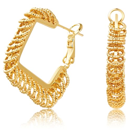 Small Hoop Earrings for Women Wide Half Huggie Hoops Chunky Hoop Earrings 18K Real Gold Plated 925 Sterling Silver Hammered Hypoallergenic Lightweight - color: QIHP-07-GoldSquare