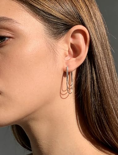Tassel Earrings for Women Gold Plated Silver Chain Earrings Dainty Minimalist Dangle Drop Studs - color: F-Silver with Three Chains