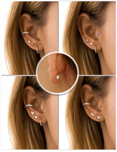 Sanfenly Threadless Flat Back Earrings Studs 316L Surgical Steel Cartilage Earrings for Women Men Push in Nose Rings Studs 20G 18G 16G CZ Opal Tragus Helix Conch Lip Labret Medusa Nostril Piercing Jewelry Hypoallergenic - color: Silver, size: 20g=0.8mm