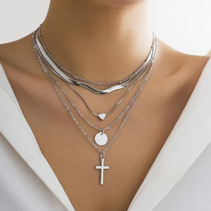 CSIYANJRY99 Layered Gold Necklaces for Women Chunky Gold Necklace Stack Layered Cuban Paperclip Snake Chain Necklace Retro Coin Dainty Pendant Toggle Clasp Necklace - style: Silver Cross Disc