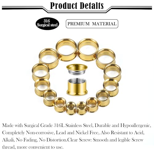 12G-25mm Double Flare Thin Gauges Tunnels Plugs Stretching Kit 316L Surgical Stainless Steel Hollow Gauge Tunnel Plug for Ear 12G 10G 8G 6G 4G 2G 0G 00G 12mm 14mm 16mm 18mm 20mm 22mm 25mm - color: Gold Tone, size: 00G(10.0mm)-25mm