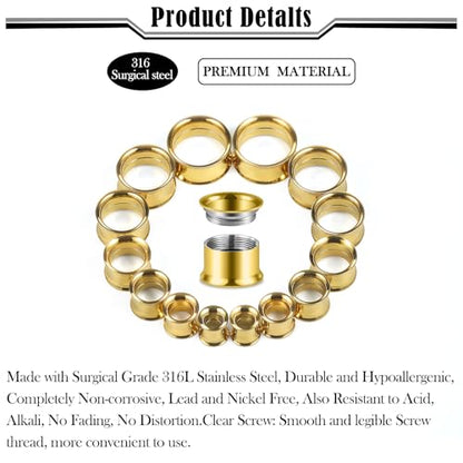 12G-25mm Double Flare Thin Gauges Tunnels Plugs Stretching Kit 316L Surgical Stainless Steel Hollow Gauge Tunnel Plug for Ear 12G 10G 8G 6G 4G 2G 0G 00G 12mm 14mm 16mm 18mm 20mm 22mm 25mm - color: Gold Tone, size: 00G(10.0mm)-25mm