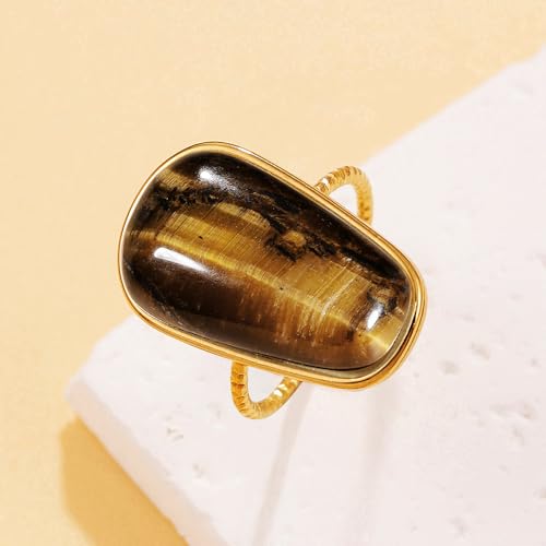 OIDIMS Gemstone Statement Ring for Women Gold-Tone Stainless Steel Natural Stone Rose Quartz Aventurine Turquoise Adjustable Open Band Stacking Finger Rings Boho Cocktail Wedding Party Jewelry - color: Tiger's Eye
