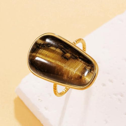 OIDIMS Gemstone Statement Ring for Women Gold-Tone Stainless Steel Natural Stone Rose Quartz Aventurine Turquoise Adjustable Open Band Stacking Finger Rings Boho Cocktail Wedding Party Jewelry - color: Tiger's Eye