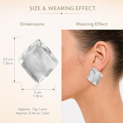 18K Gold Plated Statement Stud Earrings for Women Hypoallergenic Geometric Wave Earrings Irregular Textured Chunky Fashion Jewelry Gifts for Womens - color: Silver