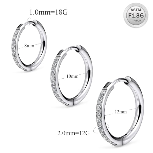 ASTM F136 Titanium Hoop Earrings for Women Small Huggie Hoop Earrings Hypoallergenic Helix Conch Cartilage Hoops Cubic Zirconia Cuff Earring Piercing Jewelry For Women Sensitive Ears 20G 18G - size: 18G - Inner Dia.:8mm