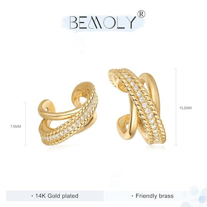 Bemoly Ear Cuff Earrings for Women 14K Gold Plated Cubic Zirconia Dangle Huggie Ear Cuffs Non Piercing | Clip On Cartilage - style: Rope Split Trio