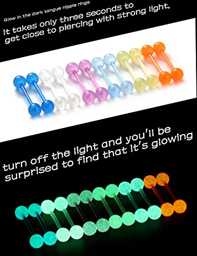 Oufksiyy 14G 16mm 14mm Glow in Dark Flexible Acrylic Straight Tongue Rings Plastic Nipple Ring Retainer Body Piercing Jewelry for Women Men 24PCS(12Pairs 14 Gauge Piercings - color: 14G-16mm(5/8INCH)-Barbell