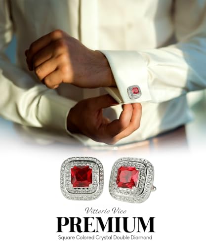 Square Colored Crystal Double Diamond Set Cufflinks - color: Deep Red/Silver