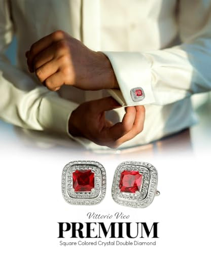 Square Colored Crystal Double Diamond Set Cufflinks - color: Deep Red/Silver
