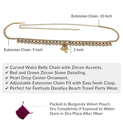 Duel On Jewel Indian Kamarbandh Waist Belt for Women, Gold Plated Waist Belly Dancer’s Chain with Zircon Accents, Adjustable Bridal Wedding Dandiya Party Dance Jewelry, Traditional Ethnic Hip Chain - style: Ethnic