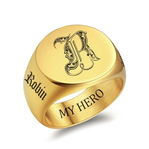 Custom Signet Ring for Men Personalized Initial Ring Custom Mens Rings Engraved Ring Customized Memorial Graduation Gifts for Father Husband Boyfriend Friends - color: Round Gold