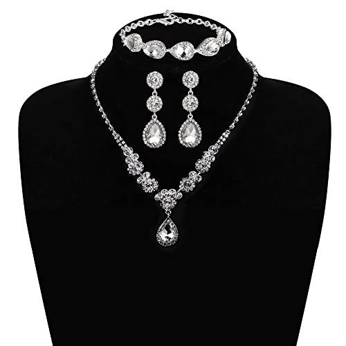 Jstyle Rhinestone Wedding Jewelry Sets for Brides, Brides Bridesmaid Sets | Non Tarnish Bridal Jewelry Set, Crystal Teardrop Pendants Necklace Bracelet,Clip On Earrings, Wedding Prom Jewelry Set - color: Silver Tone