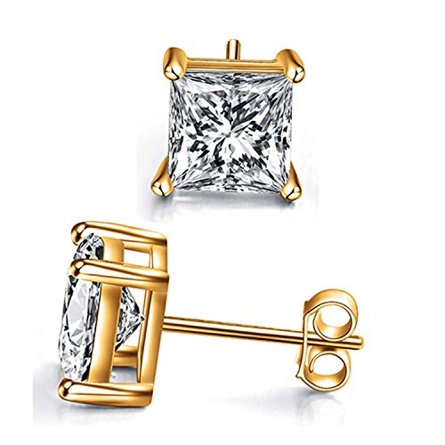 925 Sterling Silver Stud Earrings 4 Prong Princess Cut Square Cubic Zirconia Ear Stud for Women Men CZ 4mm-7mm - style: Yellow Gold--4.40cttw (6mm)