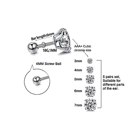 Stud Earrings Set 316L Stainless Steel Hypoallergenic Earrings for Women Men Earrings 3-7mm Cubic Zirconia Earrings Tragus Cartilage Helix Lobel Ear Studs 20G,Pack of 5 Pairs - color: A03:5Pairs(SILVER)