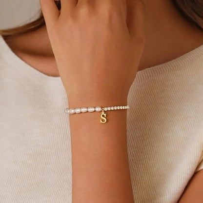 Ritach Gold Bracelets for Women Girls - 14K Gold Plated Freshwater Pearl Bracelet Dainty Gold Initial CZ Tennis Bracelets for Women Girls Pearl Jewelry Birthday Wedding Bridesmaid Gifts - style: C