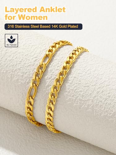 U7 2Pcs/3Pcs Ankle Bracelets for Women, Stainless Steel Cuban Link/Figaro/Rope/Heart Chain Anklets Sets,Waterproof Layered Anklets Adjustable 8.5"-10.5" - color: 01. 2Pcs Style A-Gold