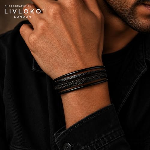 LONDON Mens Bracelet Leather Black Multi-Layer Stone Beads Adjustable Steel Clasp Viking Rope Bands Surfer Man Wristband Male UK Jewellery Gift box Boyfriend Dad Son Brother Tiger Eye - color: C. 19-22cm Black Leather Adjustable, size: Medium to Large 20-