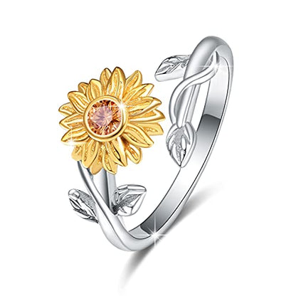 Sunflower Rings for Women, 925 Sterling Silver CZ You are My Sunshine Adjustable Open Band Rings Jewelry Gifts for Girls Size 7-8