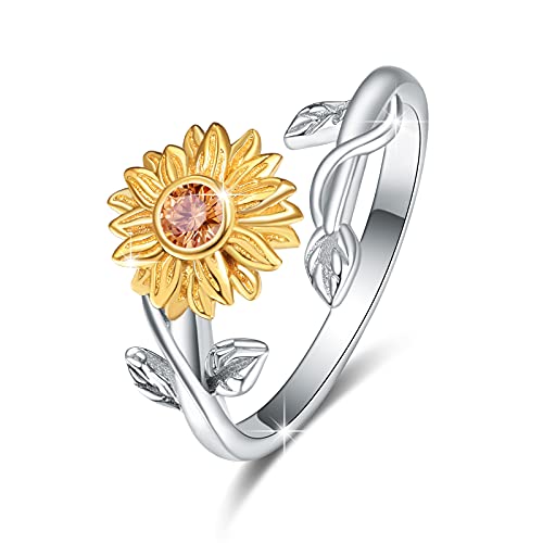Sunflower Rings for Women, 925 Sterling Silver CZ You are My Sunshine Adjustable Open Band Rings Jewelry Gifts for Girls Size 7-8