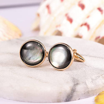 HAWSON Cufflinks and Tuxedo Studs Set for Men with Gift Box, Mother-of-Pearl Cuff links for French Cuff Shirt and Dress Shirt, Suitable for Wedding, Birthday, Party - style: Rose Gold & Black Lip Shell Stone