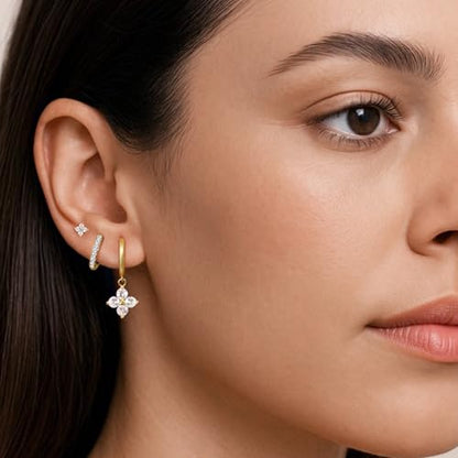 Surgical Steel Small Stud Clover Drop Dangle Huggie Hoop CZ Stud Earrings - color: A-GOLD