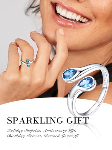 Bestyle Silver Birthstone Ring for Women, Dainty Sterling Silver Teardrop Ring Open Adjustable Band Ring, Love Statement TOI et Moi Ring Promise Ring for Her - color: 12.December (Blue Topaz)