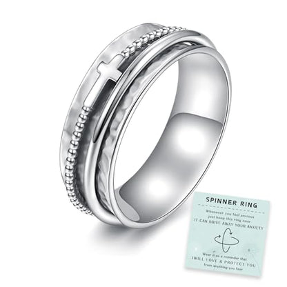 Sariel Cross Fidget Ring for Women - 925 Sterling Silver Spinner Rings Spinning Band Rings Wide Hammered - color: Silver