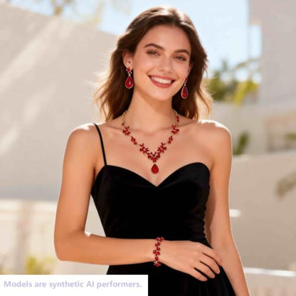 Kamirola Bridal Jewelry Set, Jewelry Set for Women, Necklace Dangle Earrings Bracelet Set, White Gold Plated (TR76) - color: Red