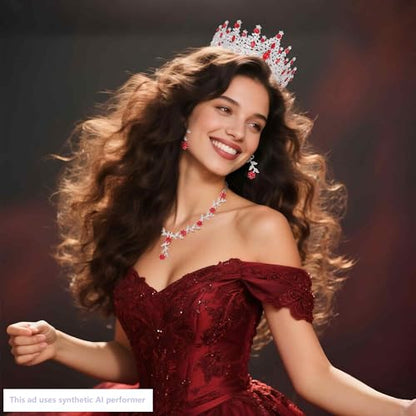 Kamirola Tiaras and Crowns for Women,Tiaras Earrings Necklace, Crystal Bridal Jewelry Set (TR48) - color: Silver Red