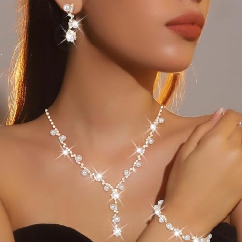 CAVETEE Jewelry Set - Prom Jewelry Crystal Bridal Necklace, Bracelet & Pendant Earring Jewelry Set for Women - style: Flower Pearl