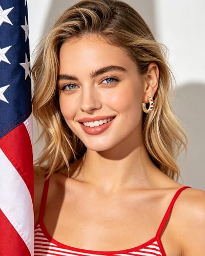 Trendy 14K Gold Plated Hoop Earrings for Women, Chunky Gold/Silver Earrings for Women Cubic Zirconia Baguette Hoop Earrings Heart Hoops Lightweight Hypoallergenic Jewelry,25mm/35mm/40mm/50mm - color: 01 Gold Patriotic Hoops 25mm