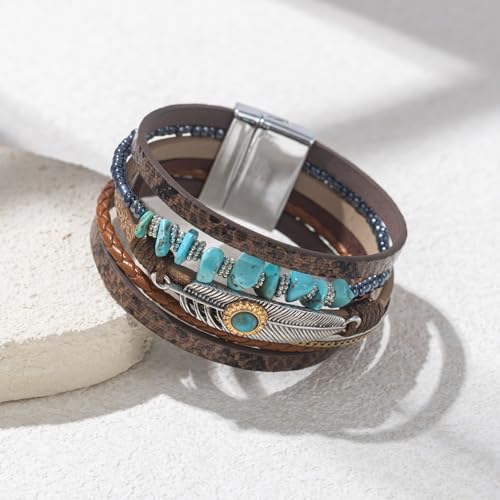 Western Turquoise Leather Cuff Bracelets Boho Feather Cowgirl Jewelry | Stackable Country Hippie Wrap Bangle Set Magnetic Clasp Chunky Beaded Stone Bohemian Statement Outfits for Women Trendy - color: Brown