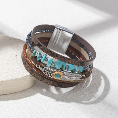 Western Turquoise Leather Cuff Bracelets Boho Feather Cowgirl Jewelry | Stackable Country Hippie Wrap Bangle Set Magnetic Clasp Chunky Beaded Stone Bohemian Statement Outfits for Women Trendy - color: Brown