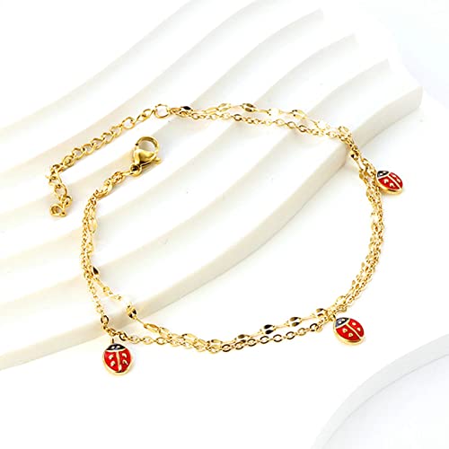 Anklet Bracelets for Women Stainless Steel, Gold Anklets Bracelet for Womens Double Layer Chain with Flower/Ladybug/Dragonfly Anklet for Summer Beach - color: Ladybug