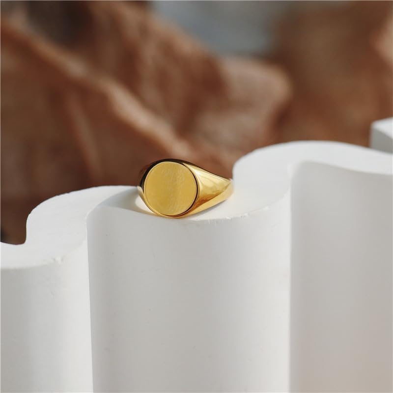 MYNENEY Stainless Steel Round Shape Classical Simple Plain Wedding Engagement Statement Pinky Band Signet Rings for Men Women Size 4-15 - color: Custom-Gold