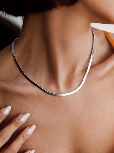 ChainsHouse Flat Snake Chain Herringbone Choker Necklace for Women, Stainless Steel/Rose Gold/18K Gold Plated Dainty Adjustable Simple Short Layered Necklaces, 12"/15"/18" with 3.5" Extender - color: a. stainless-3mm