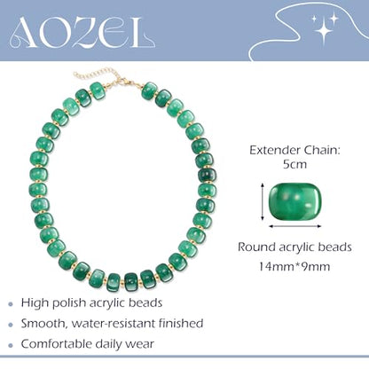 AOZEL Chunky Resin Beaded Necklace for Women Colorful Bead | Summer Beach, Waterproof, Fade Resistant, Adjustable Length, Boho Statement, for Daily Wear & Gifting - color: Dark Green