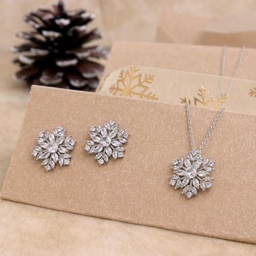 Gold Silver Stud Earrings Pendent Necklace Sets for Women, Dainty Rhinestone Crystal Necklace Earing Jewelry Set Wedding Accessories Fashion Holiday Gift - color: snowflakesilver