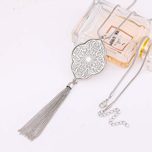 MOLOCH Long Necklaces For Woman Disk Circle Pendant Necklaces Tassel Fringe Necklace Set Statement Pendant - color: quatrefoil-shaped-silver
